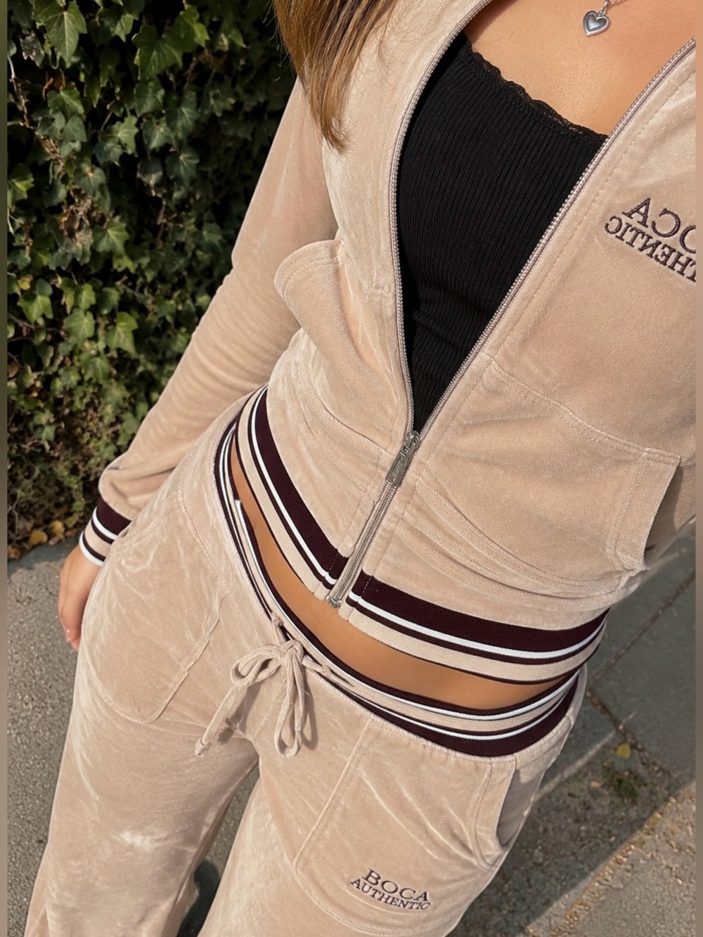 Y2K BOCA Authentic Women’s M Beige Velour Tracksuit Jacket Flare Pants Set Boho